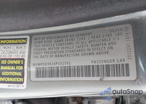 2004 Volkswagen Passat Gls from USA, damaged, VIN WVWPD63B24P332392